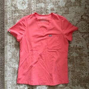 Figs Women's Short-Sleeve V-Neck Top in Coral Pink